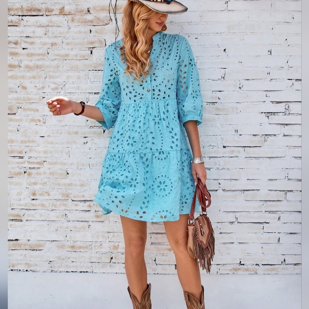 Eyelet Embroidery Button Front Smock Dress - Picture 4 of 5